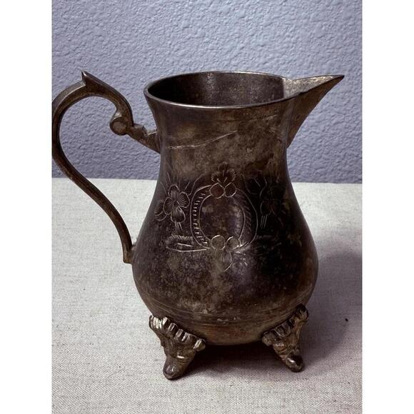 Antique Brass Hand Forged Scallop Leg Floral Etched Pattern Milk Pot Tea Pot Jug - Picture 1 of 9